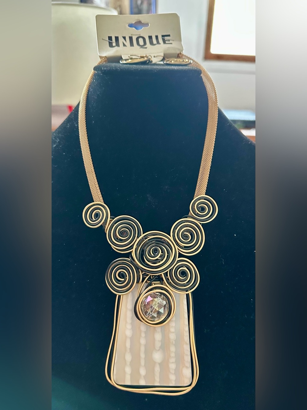 UNIQUE Gold-Tone Swirl Statement Necklace with Iridescent Pendant